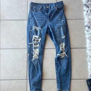 American Eagle Blue Jeggings with Distressed Design